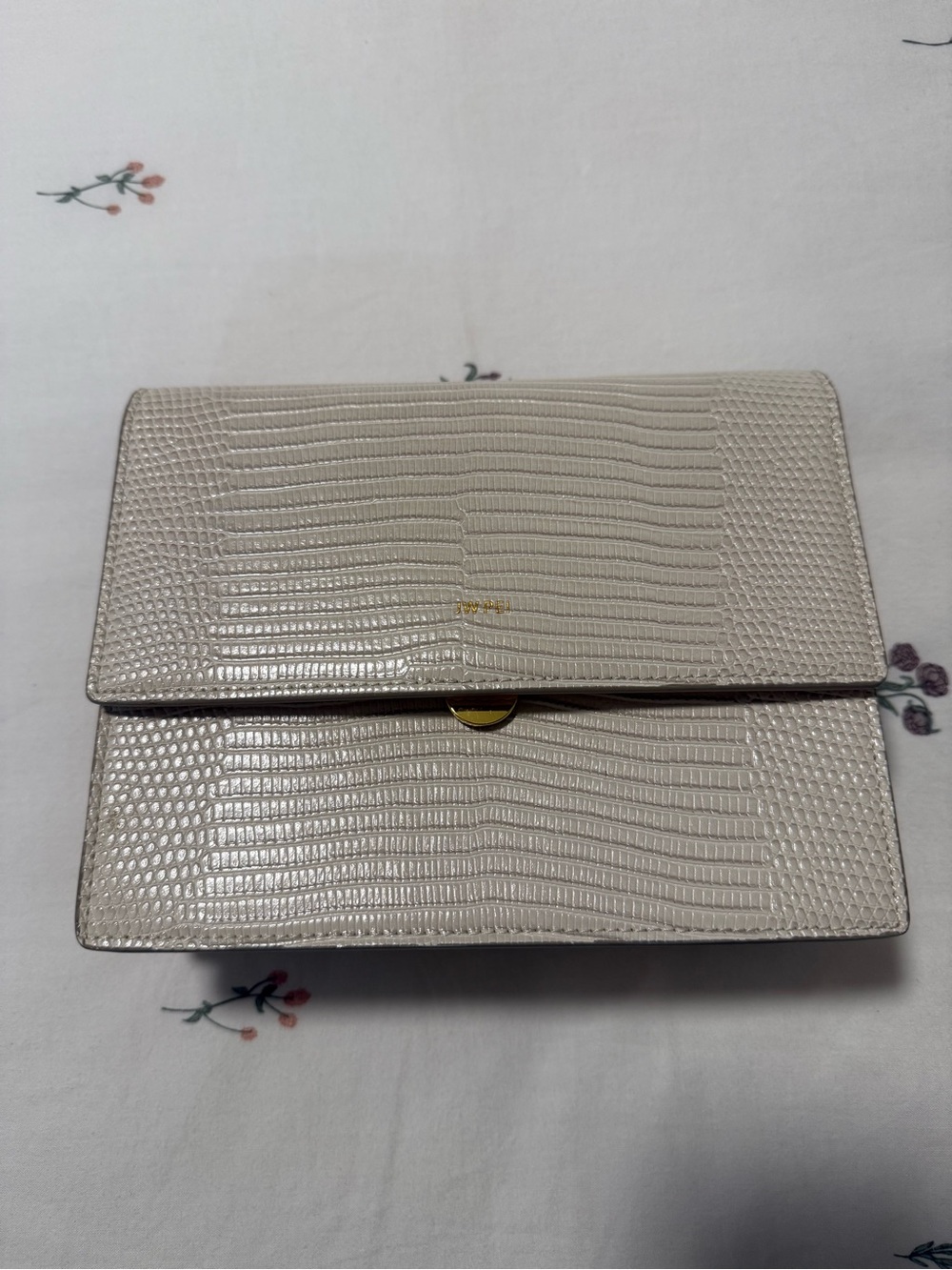 JW PEI Cream Lizard-Embossed Crossbody Bag with Gold Accent